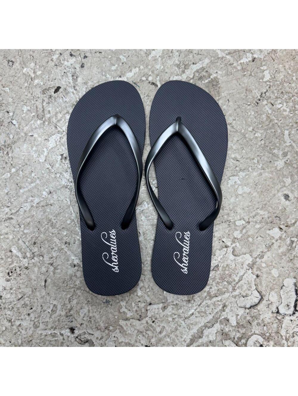 Metallic Gunmetal Silver / Black Thong Flip-Flop Sandals